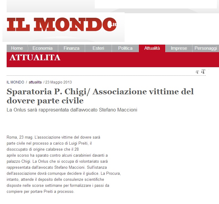 Il Mondo - Sparatoria Palazzo Chigi Associazione Vittime del Dovere parte civile.jpg
